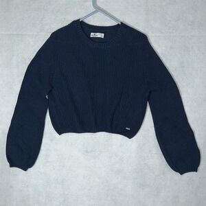 Hollister Women's Navy Blue Chunky Knit Sweater Size Small Cropped Pullover